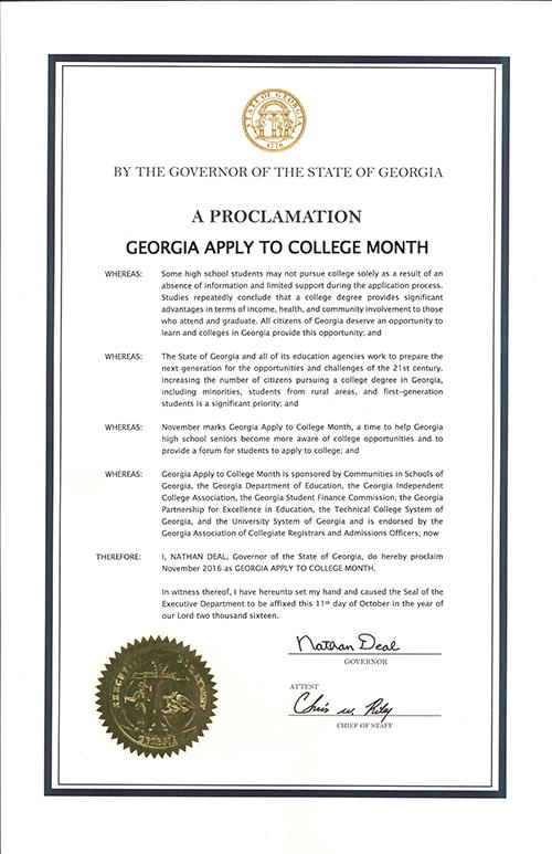 Proclamation of Georgia Apply to College Month 2016 